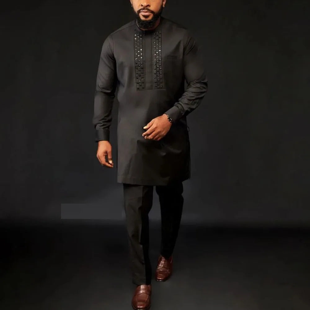 Kaftan Men Wedding Suits Groom Embroidered Pocket Top And Pants Kaunda Suit African casual Outfits Party Fashion Two-piece Set