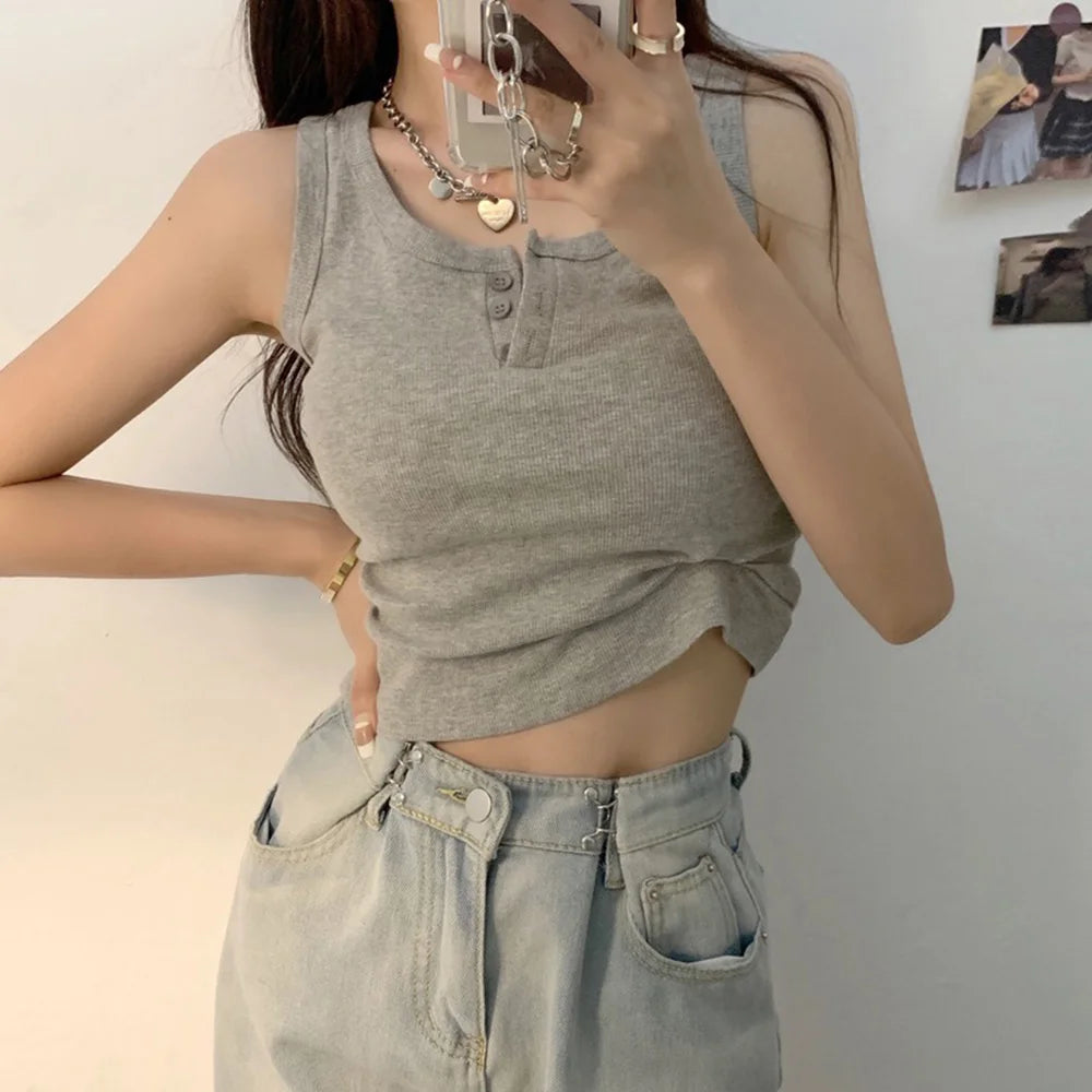Tank Top for Women Ribbed Button Down Sleeveless Blouse Solid Color Casual Women&
