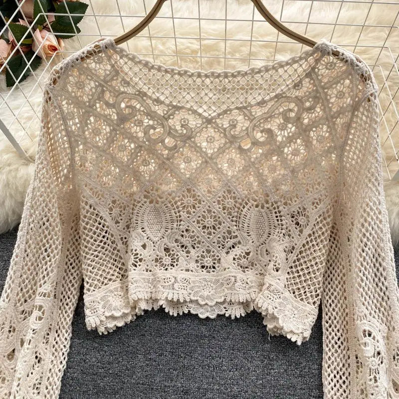 Blouses Women Retro Hollow Out All-match Sweet See-through Leisure Summer Sun-proof Korean Style Female Slim Crop Bohemian Ins