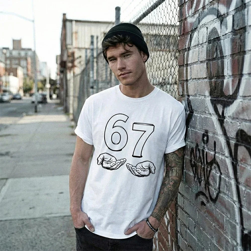 European And American Men T-Shirts Funny Six Seven 67 Meme Gen Alpha Slang 67 Hands Retro Cotton Comfort Short-Sleeve T-Shirt