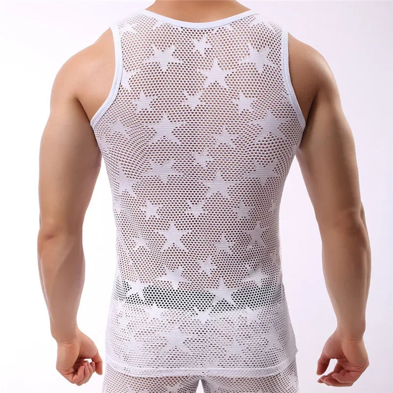 Mens Undershirts Sleeveless Gay Transparent Solid Tops Tees Vest Mesh Sexy Male Shirt Men Summer Wear Undershirts
