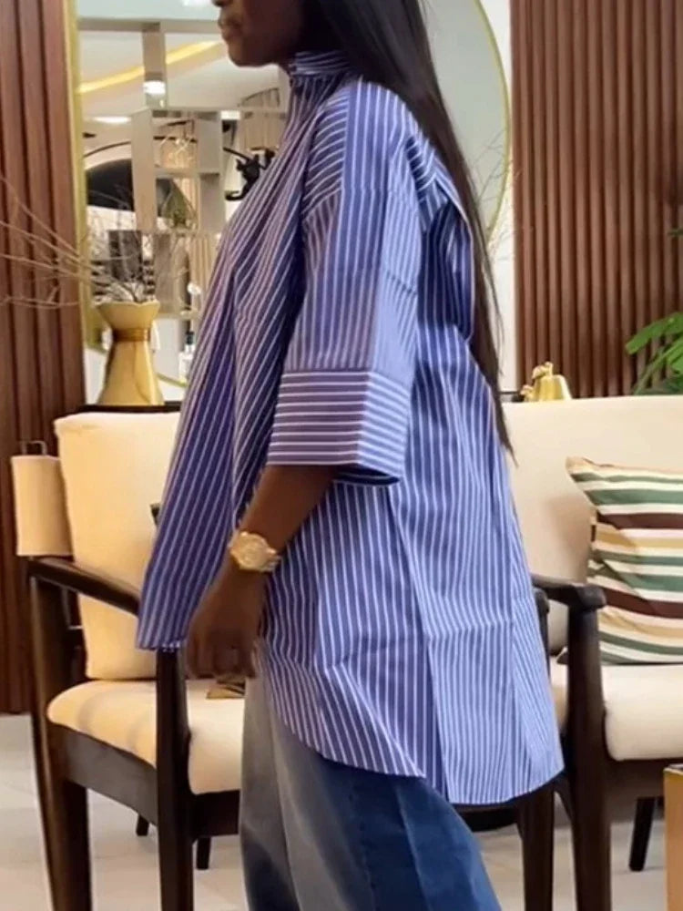 Striped Oversized Button Down Shirts for Women with Wide Three Quarter Sleeve and High Low Hem for Casual Office or Weekend Wear