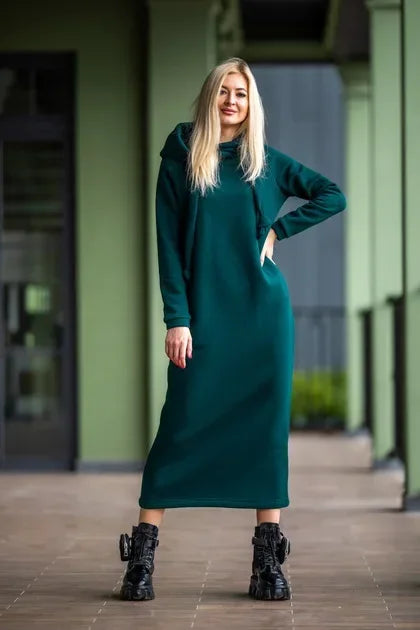 Women Fashion New Loose Large Knitted Hooded Autumn Winter Long Dress Velvet Hoodie Dress Casual Dress Splicing Warm Dress