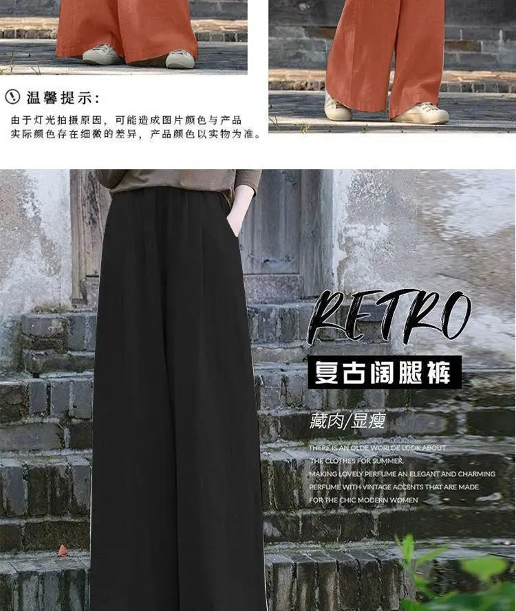Linen Wide Leg Pants Women Casual Bohemian Loose Flowy Palazzo Pants Summer Spring
