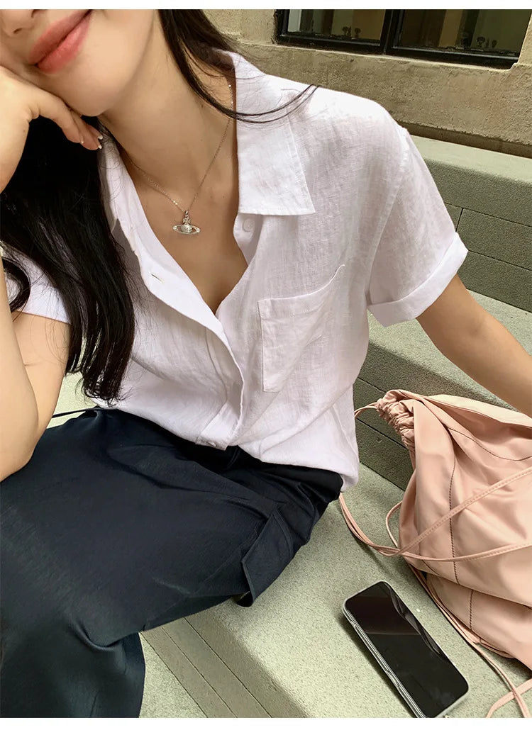 Linen Short-sleeved Shirt Women&