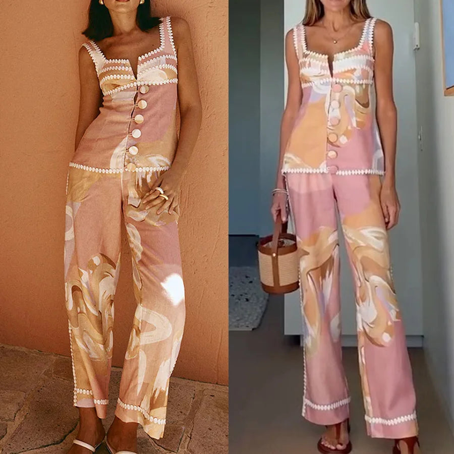 Women Sleeveless Top Two Pieces Matching Sets 2025 Summer Printed Patchwork Chic Outfit V Neck Fashion Simple Lady Suit Clothing