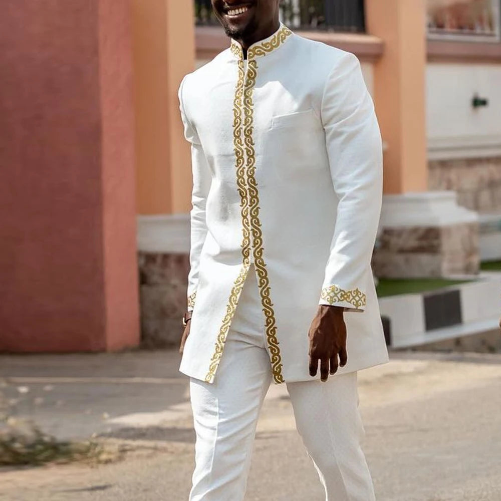 Kaftan Men Wedding Suits Groom Embroidered Pocket Top And Pants Kaunda Suit African casual Outfits Party Fashion Two-piece Set