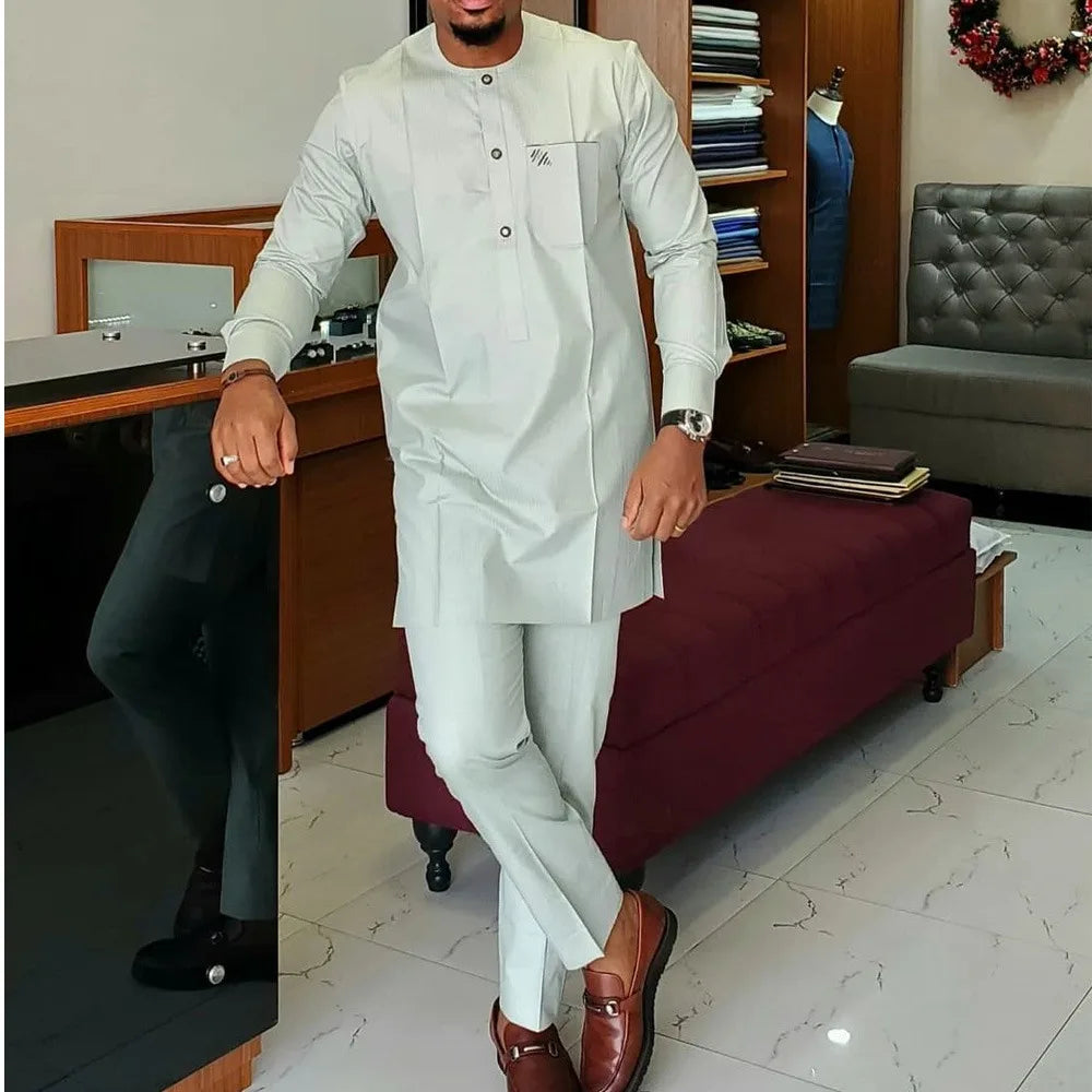 Kaftan Men Wedding Suits Groom Embroidered Pocket Top And Pants Kaunda Suit African casual Outfits Party Fashion Two-piece Set