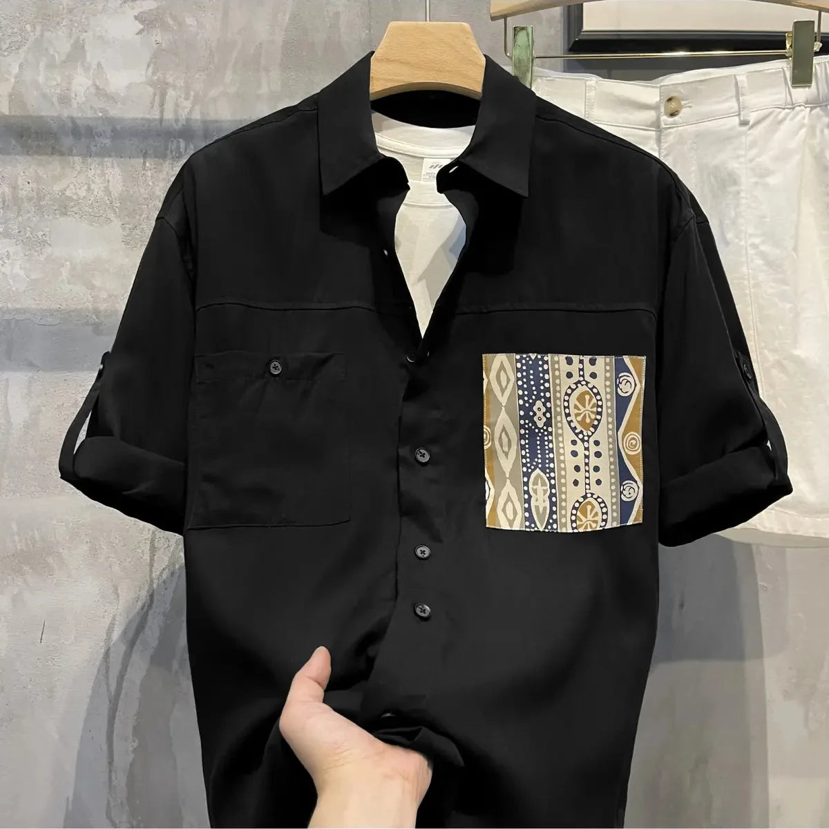 Short Sleeve With Pocket Male Shirts Button Up Print Loose Men&