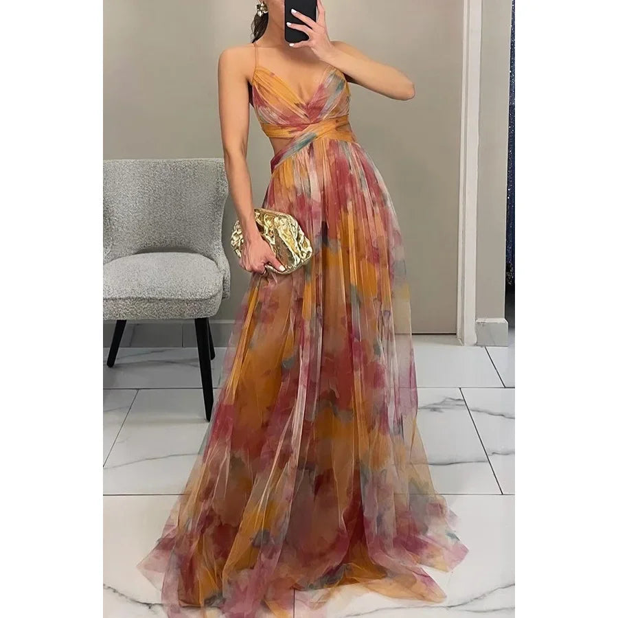 Women‘s Fashion Spring Autumn New Mesh Floral Print Beautiful Party Dress ladies Halter Dress INS Holiday Casual Long Dress