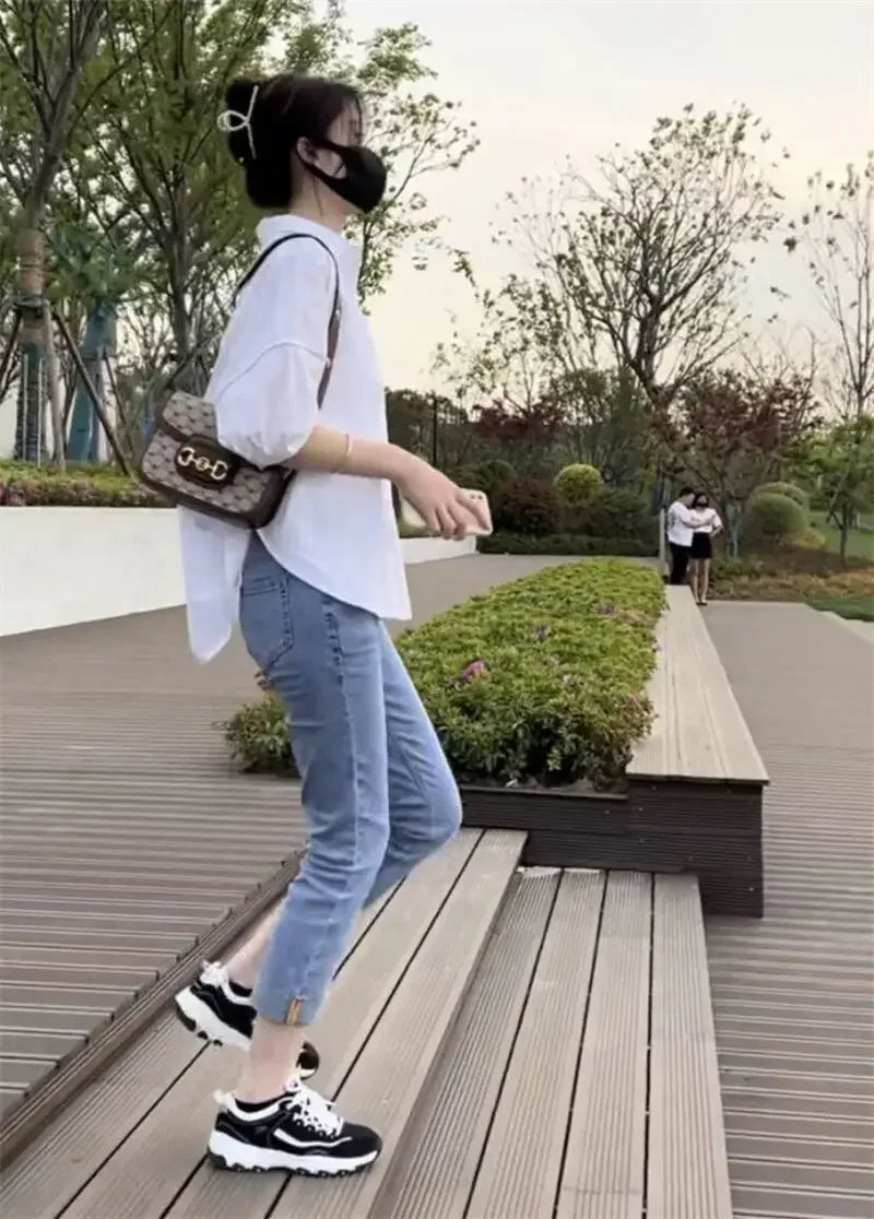 Women Blouses Elegant Streetwear Office Casual Loose Button Up White Blue Long Sleeve Vintage Oversize Shirt Tops