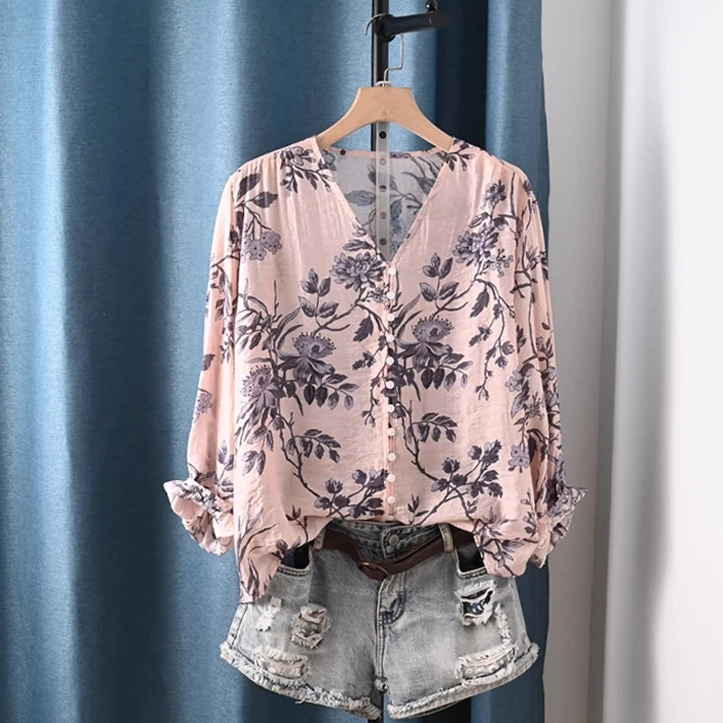 2026 Autumn clothes woman French fashion v neck rose floral print shirts and blouses for women vintage ladies tops