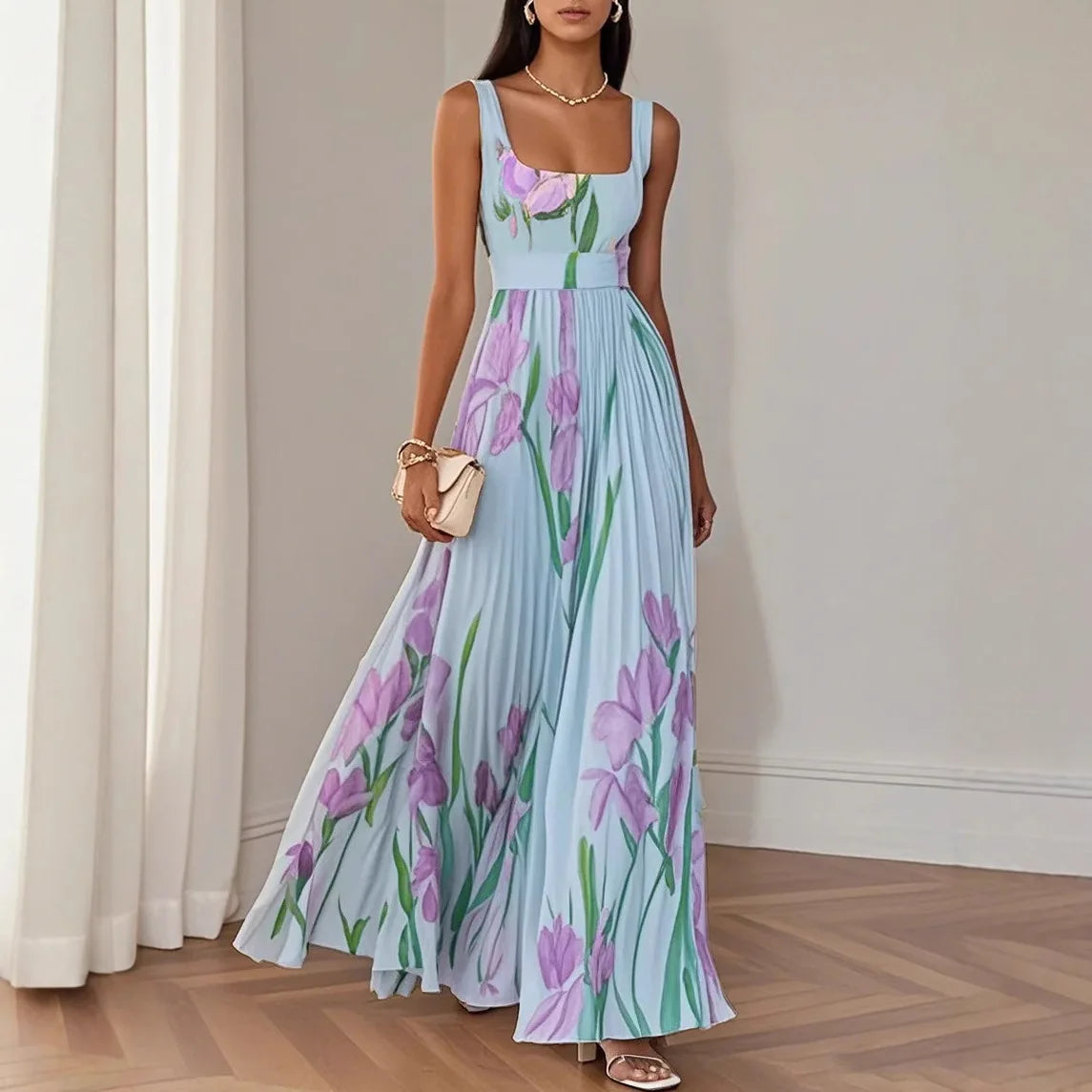 Sexy Flower Print Long Dress Women Summer 2025 Fashion Sleeveless Strap Maxi Dresses Elegant