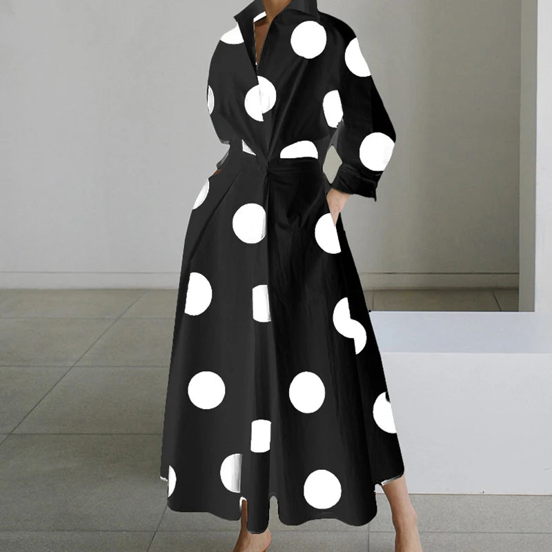 Fashion Dress Women Spring New Long Sleeve Turn-down Collar High Waist Print Button Elegant Big Hem Loose Commute Female Dress