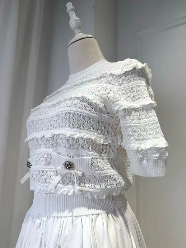 Women White Fashion Set short sleeve knit sweater tops + high waist fashion midi skirt