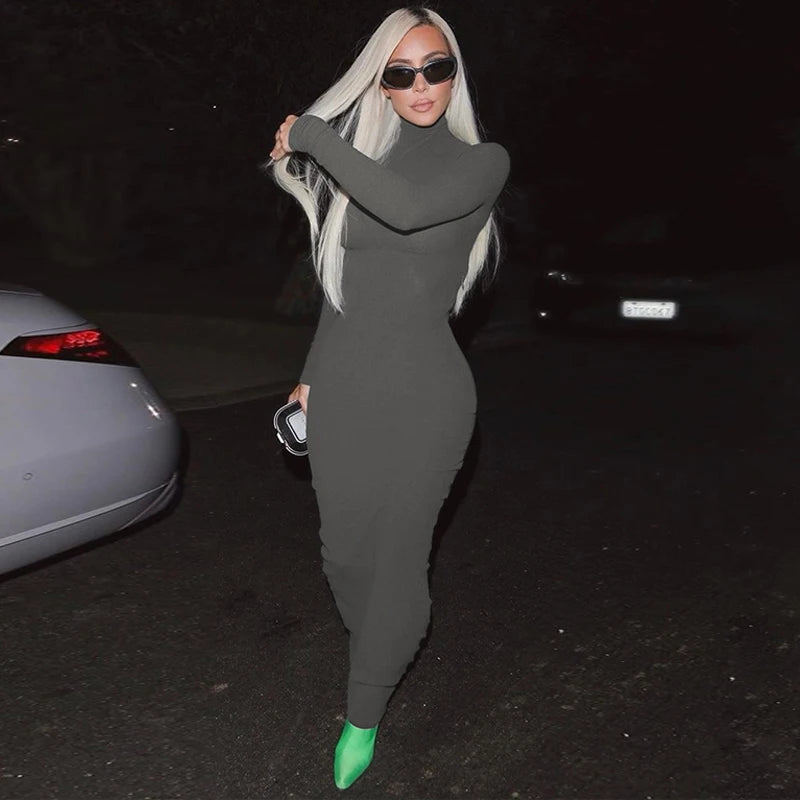 Fall Women Fashion Elegant Solid Turtleneck Long Sleeve Sexy Bodycon Maxi Prom Dress Outfit Evening Party Club