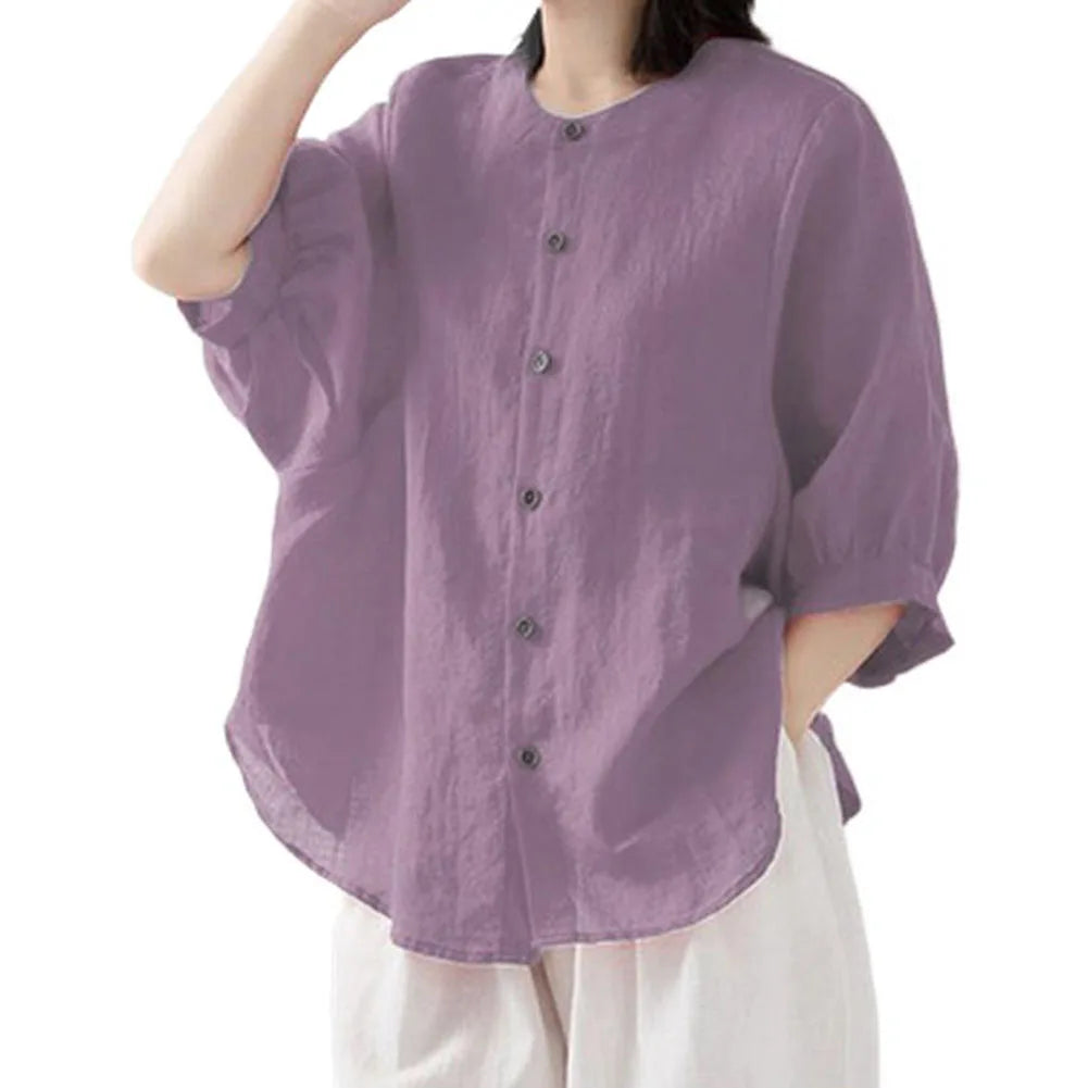Casual Long Sleeve Cotton Linen Blouses Female Loose Fit Vintage Style Shirts Comfortable Lightweight Breathable Tops