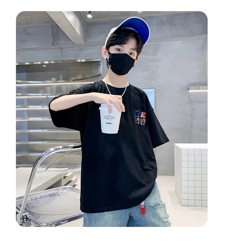Kids Summer Clothes T-shirt for Boy Short Sleeve Cotton Tshirt Outfits Teenage Children Cartoon Print Clothing Age 5 To 14 Years