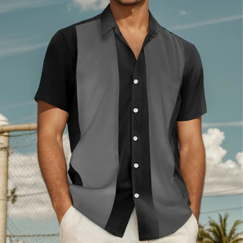 Fashion Business Stripped Splicing Man Shirts Vintage Casual And Versatile Button Down Bowling Short Sleeve Summer T-Shirt Tees