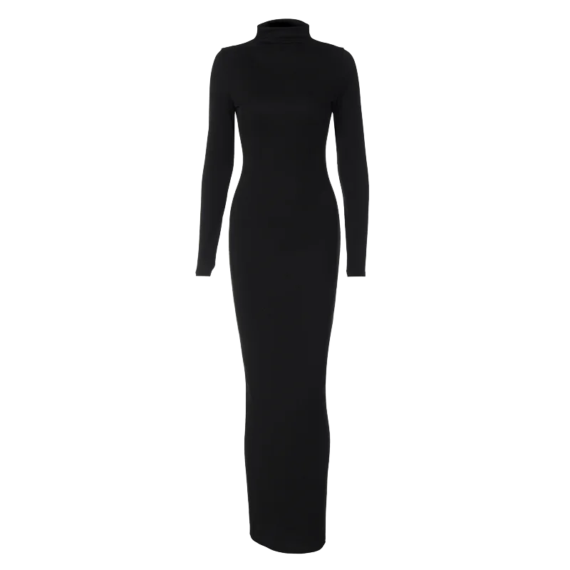 Fall Women Fashion Elegant Solid Turtleneck Long Sleeve Sexy Bodycon Maxi Prom Dress Outfit Evening Party Club
