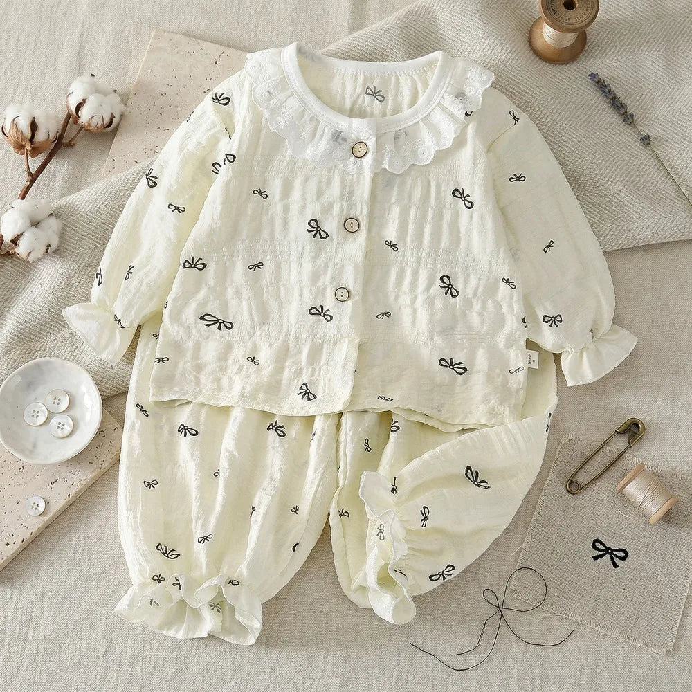 Summer Child Clothing Sets in Air-conditioned Room Girls Breathable Comfortable Long Sleeve Lace Home Clothes Sets Kids Pajamas