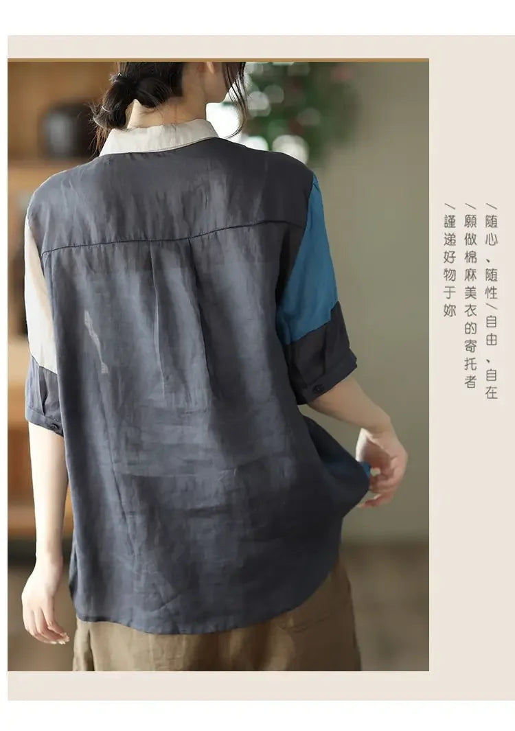 Cotton and Linen Shirt for Women Fashionable and Versatile Cardigan Lapel Top Thin Blouse Patchwork Casual Chic Female Clothes