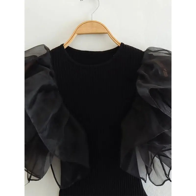 DUOPERI Women Fashion Black Ruffled Sleeveless Tops Bodysuits O-Neck Female Chic Lady Casual Tight Jumpsuit
