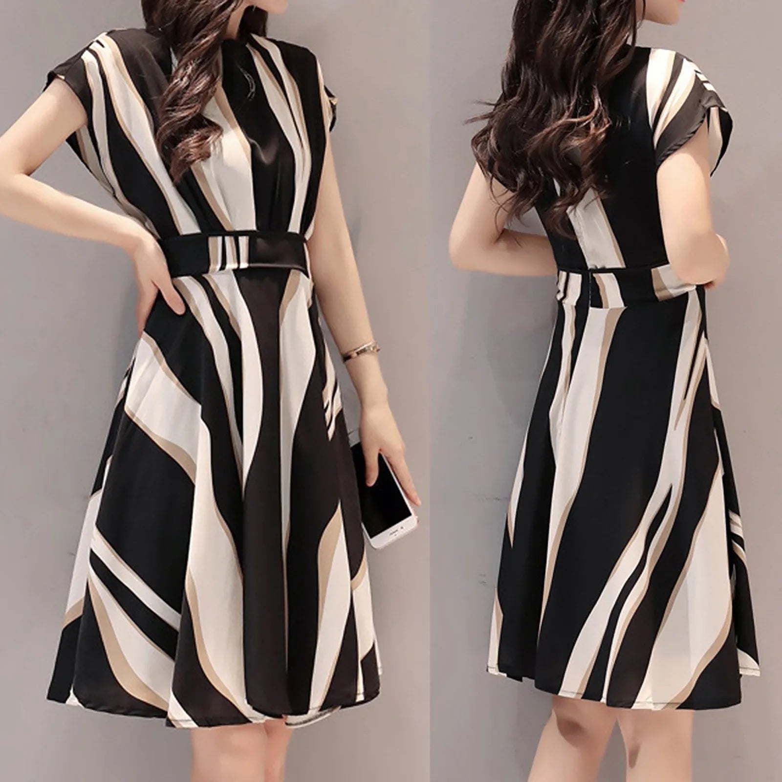 Women Dress Summer Vintage Printed Dress Elegant Fashion Ladies Business Dresses Belt O-Neck Short Sleeve Knee Length Dress