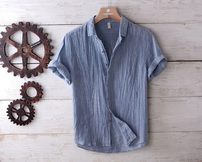 Linen Short Sleeved Shirt for Men, Trendy Japanese Retro Solid Color Summer Thin Casual Loose Cool Shirt Top