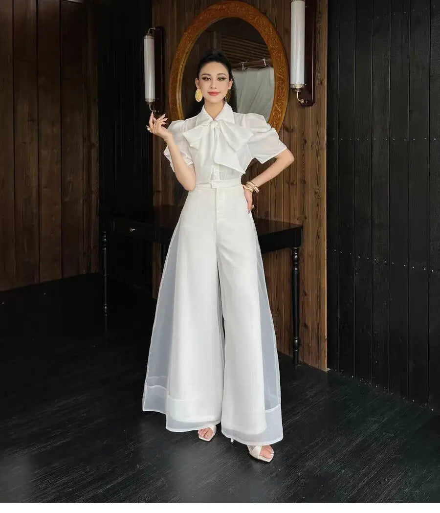 New Fashion Organza Wide Leg Palazzo Pants Women Elegant Summer High Waist Solid Color Office Lady Trousers Clothing