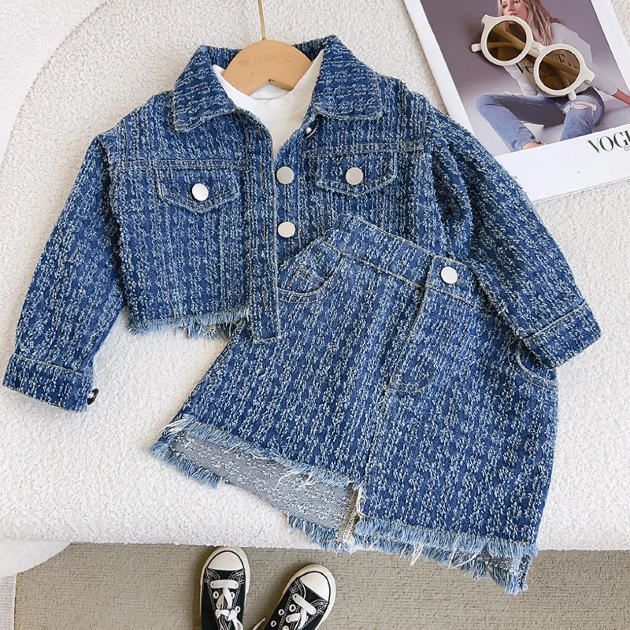 Kids Boutique Clothing New Autumn 2 Pieces Sets Girls Tops Jeans Coat Turn Down Collar Short All-match Fashion Preppy Style