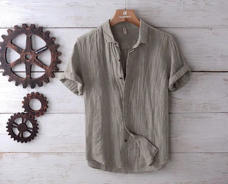 Linen Short Sleeved Shirt for Men, Trendy Japanese Retro Solid Color Summer Thin Casual Loose Cool Shirt Top