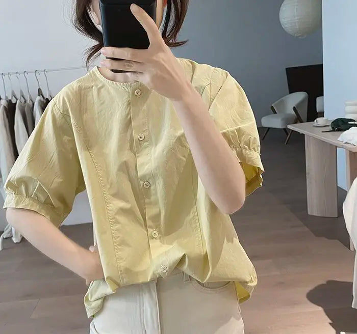 Women Round Neck Blouse Short Sleeve Button Down Loose Casual Solid Color Summer Shirt
