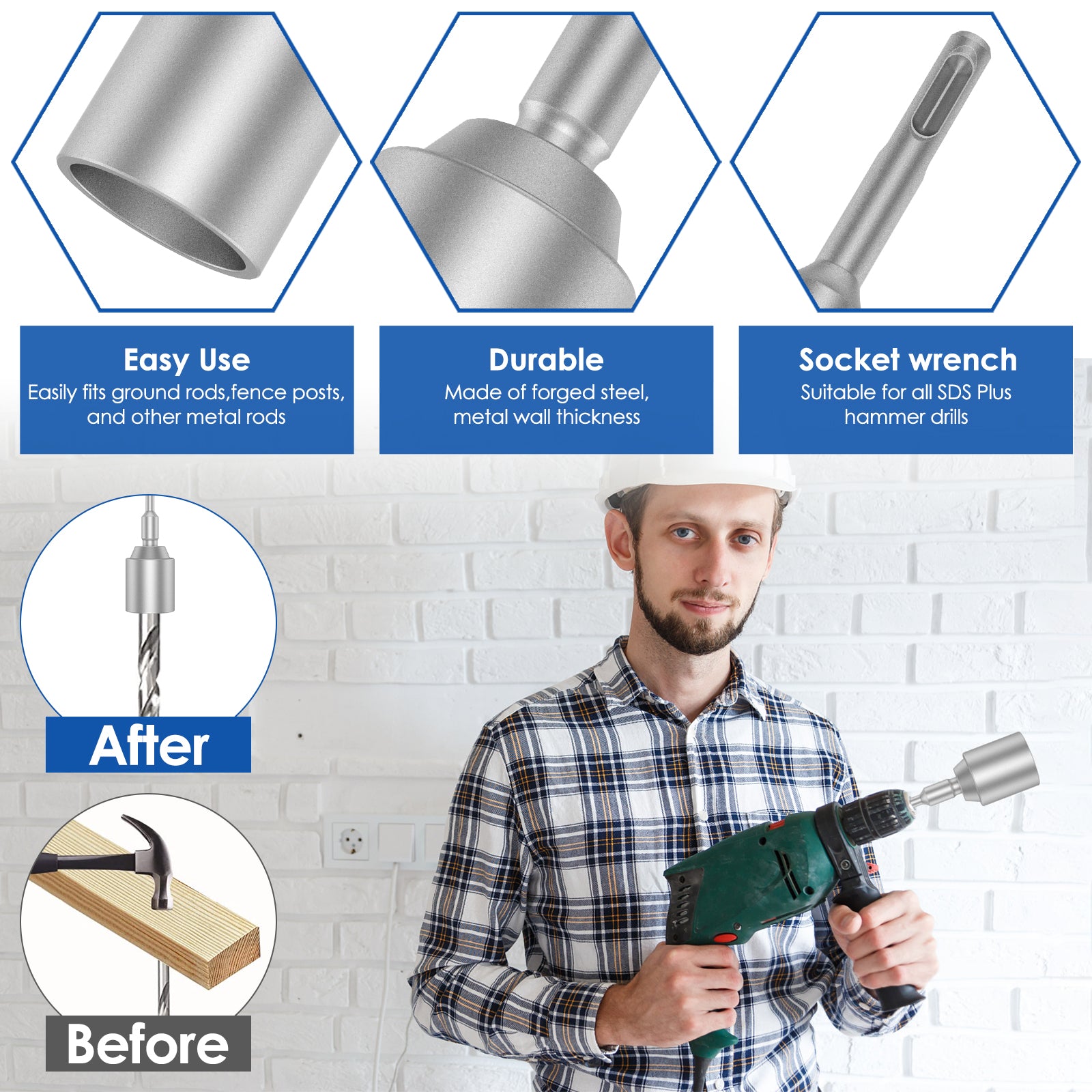 SDS-Plus Ground Rod Driver 30/45/65mm Diameter For Rotary Hammer Drills T Post Ground Rod Driver Tool Forged Steel Drill Bit