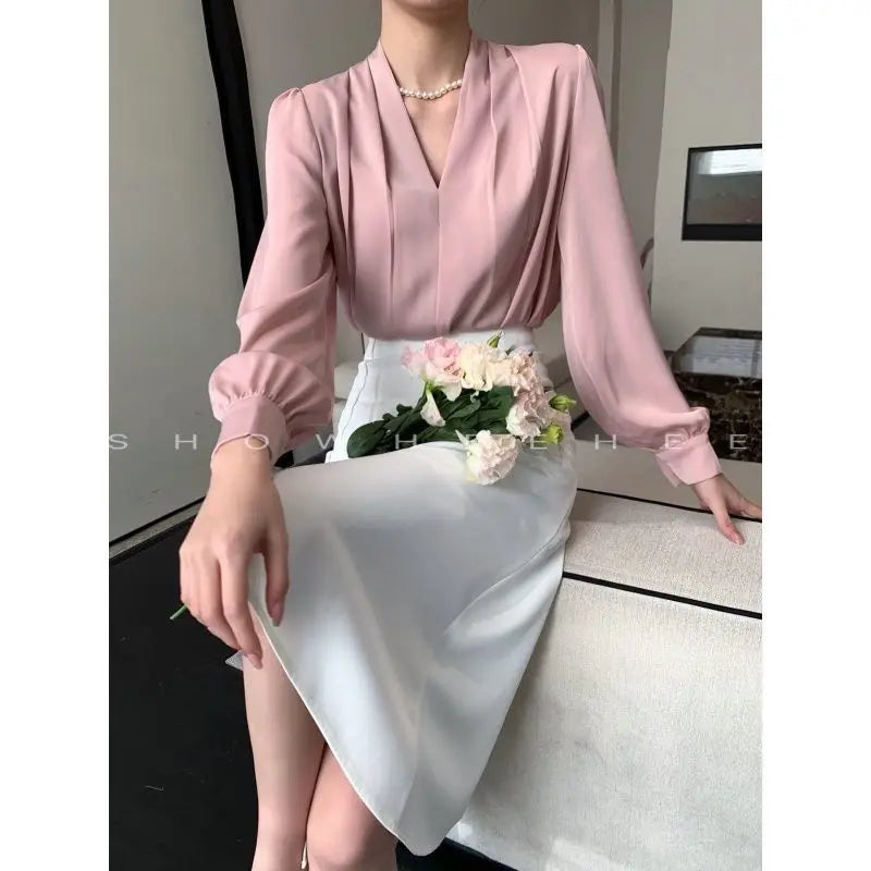 Women Clothing Fashion Loose V-Neck Chiffon Top Spring Autumn Elegant Long Sleeve Blouse Office Lady Simplicity Cozy Solid Shirt