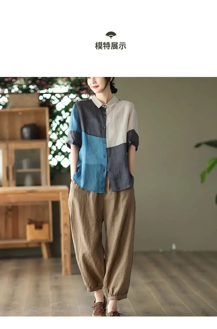 Cotton and Linen Shirt for Women Fashionable and Versatile Cardigan Lapel Top Thin Blouse Patchwork Casual Chic Female Clothes