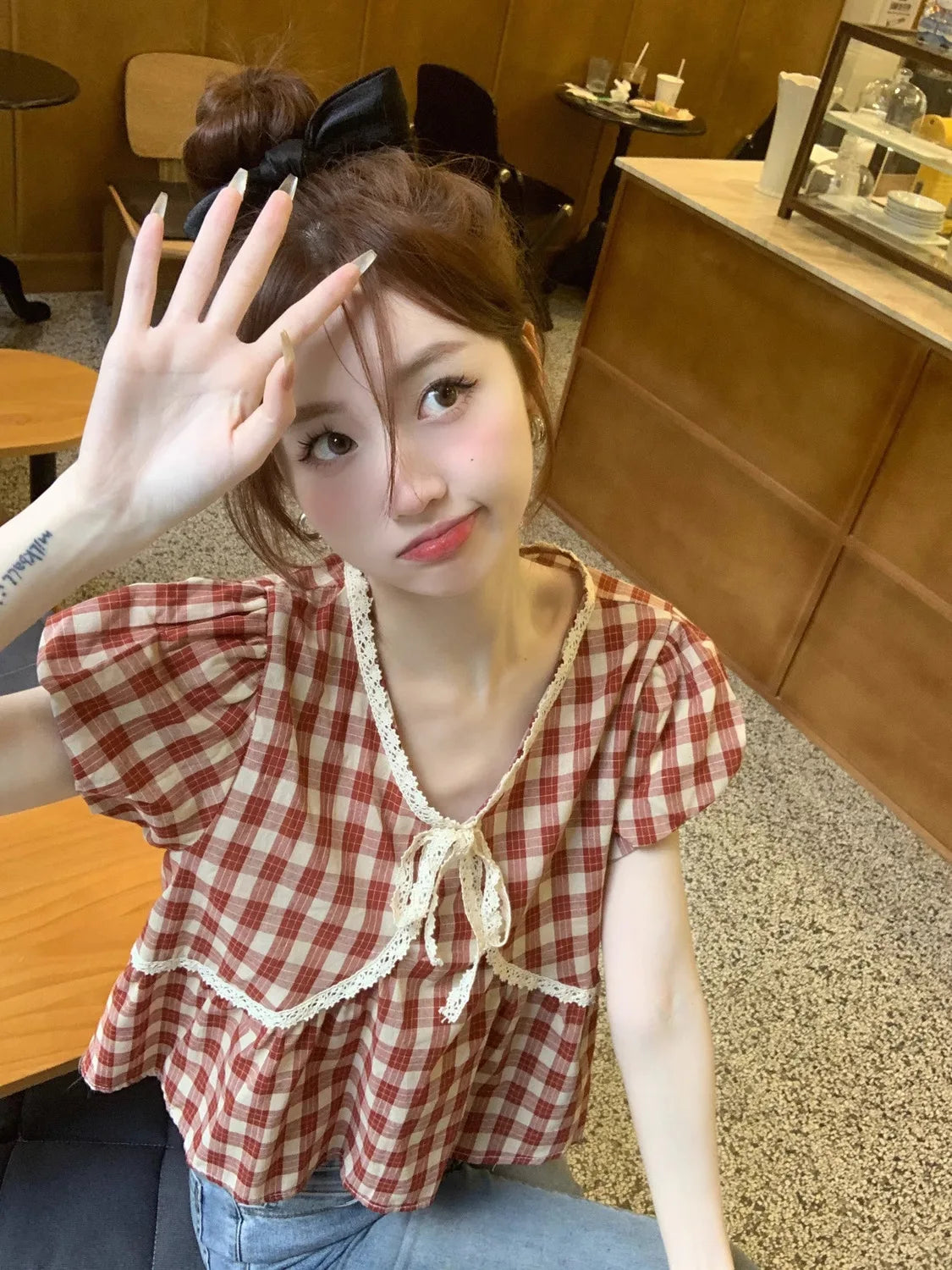 Blouses Women Plaid Vintage Literary Summer Short-sleeve Sweet Crop Tops Lace-up Aesthetic Prairie Chic Students French Style