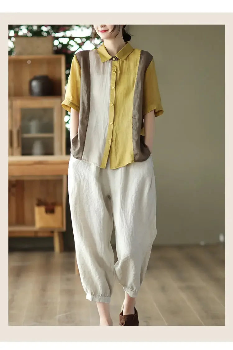 Cotton and Linen Shirt for Women Fashionable and Versatile Cardigan Lapel Top Thin Blouse Patchwork Casual Chic Female Clothes