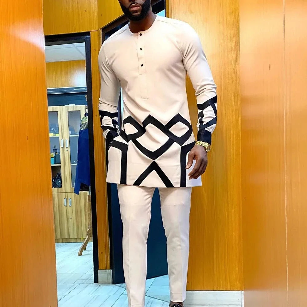 Kaftan Men Wedding Suits Groom Embroidered Pocket Top And Pants Kaunda Suit African casual Outfits Party Fashion Two-piece Set