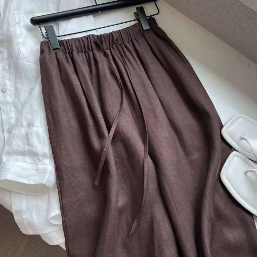 Summer High Waist Linen Pants Women Men Fashion Boho Wide Leg Palazzo Trousers Brown Casual Loose Beach Drag Pants