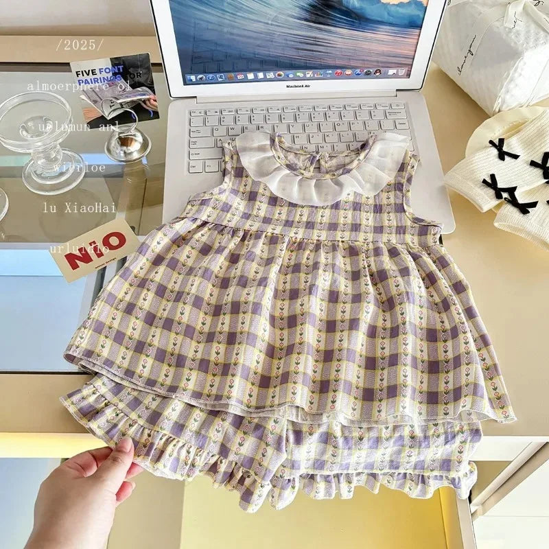 Two-Piece Set Sleeveless Princess Dress with Floral Print, Summer Thin Outfit for Baby Girls Baby Girl Cute Floral Skirt