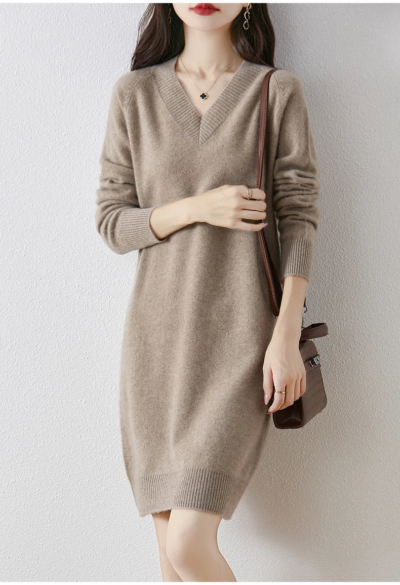 Fashion Autumn Winter Dress Women100%Merino Wool V-neck Long-sleeved Dress Women&