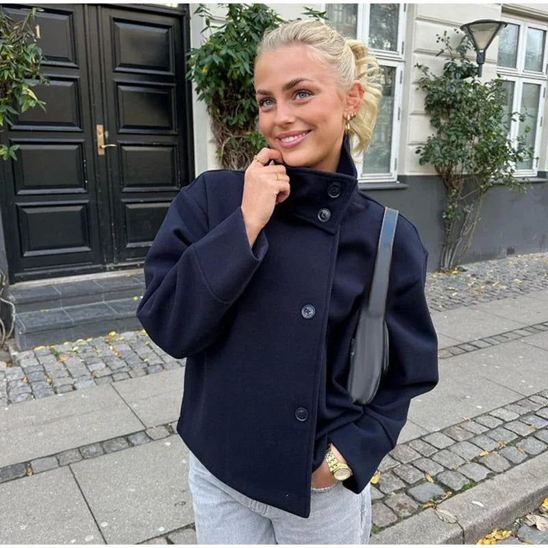 Women Fashion Stand Collar Woolen Jacket Single Breasted Long Sleeve Female Coat 2025 Autumn Chic Street Office Short Outerwears
