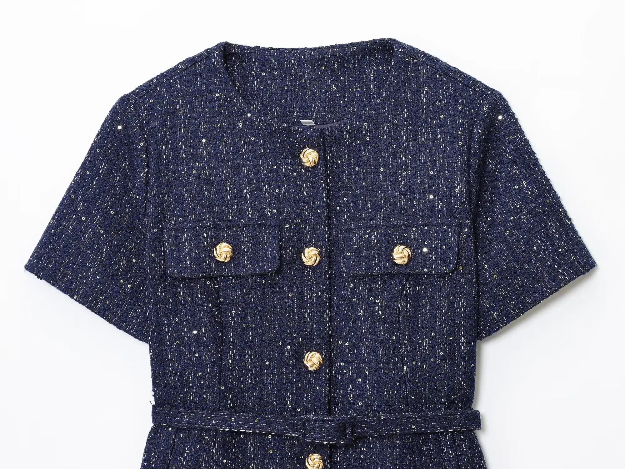 Women 2025 Fashion Blue Tweed Blazer Coat With Belt Female Short Sleeve Outerwear