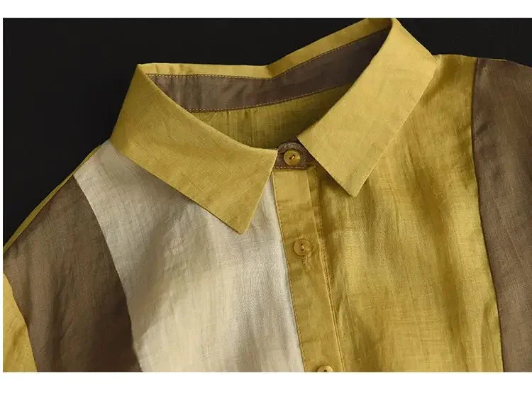 Cotton and Linen Shirt for Women Fashionable and Versatile Cardigan Lapel Top Thin Blouse Patchwork Casual Chic Female Clothes