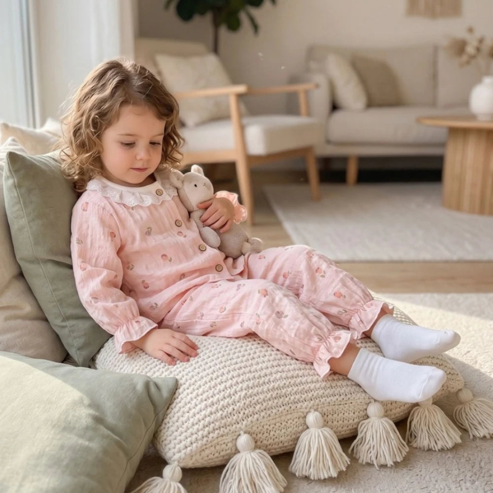 Summer Child Clothing Sets in Air-conditioned Room Girls Breathable Comfortable Long Sleeve Lace Home Clothes Sets Kids Pajamas