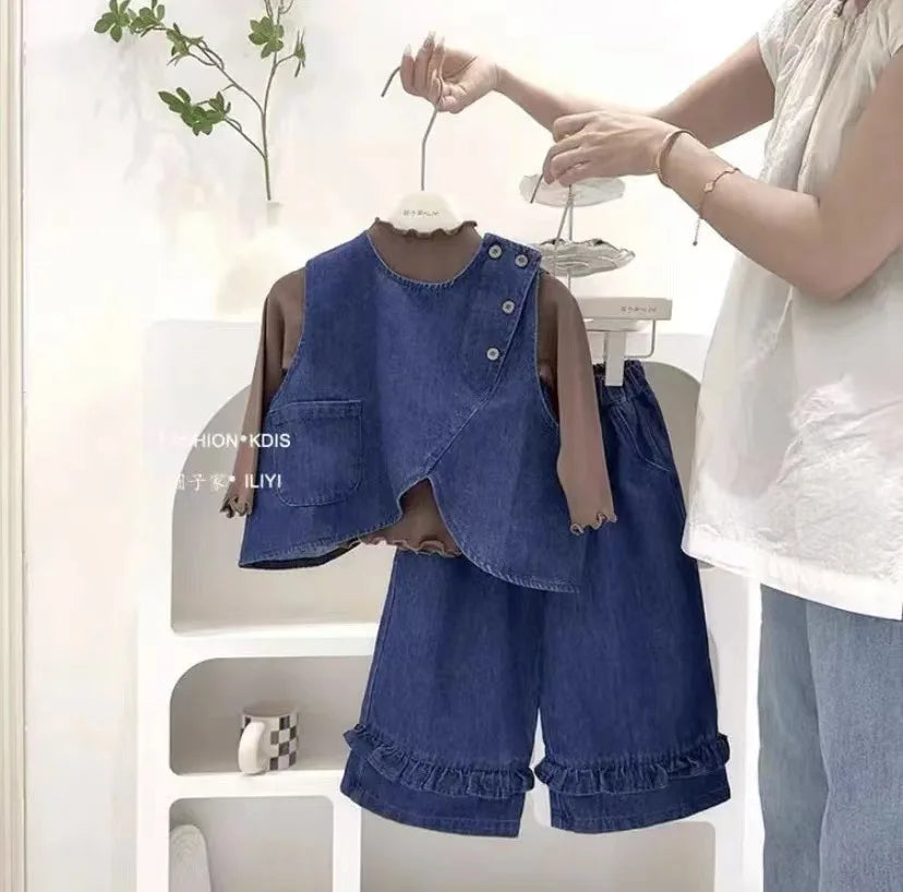 Korean Kids Girl 3PCS Clothing Autumn Children Girl Soft Solid Undershirt+Vest+Jeans Outfit Little Girl Wide Leg Pant Denim Suit