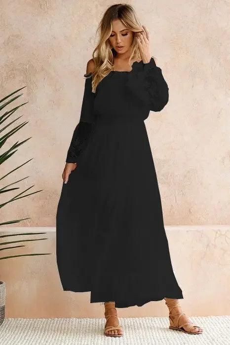 Sundress Swing Dress Women Elegant Long Sleeve Drawstring Slash Neck Lace Pleated Ruffle Loose Vacation Party Dresses Vestidos