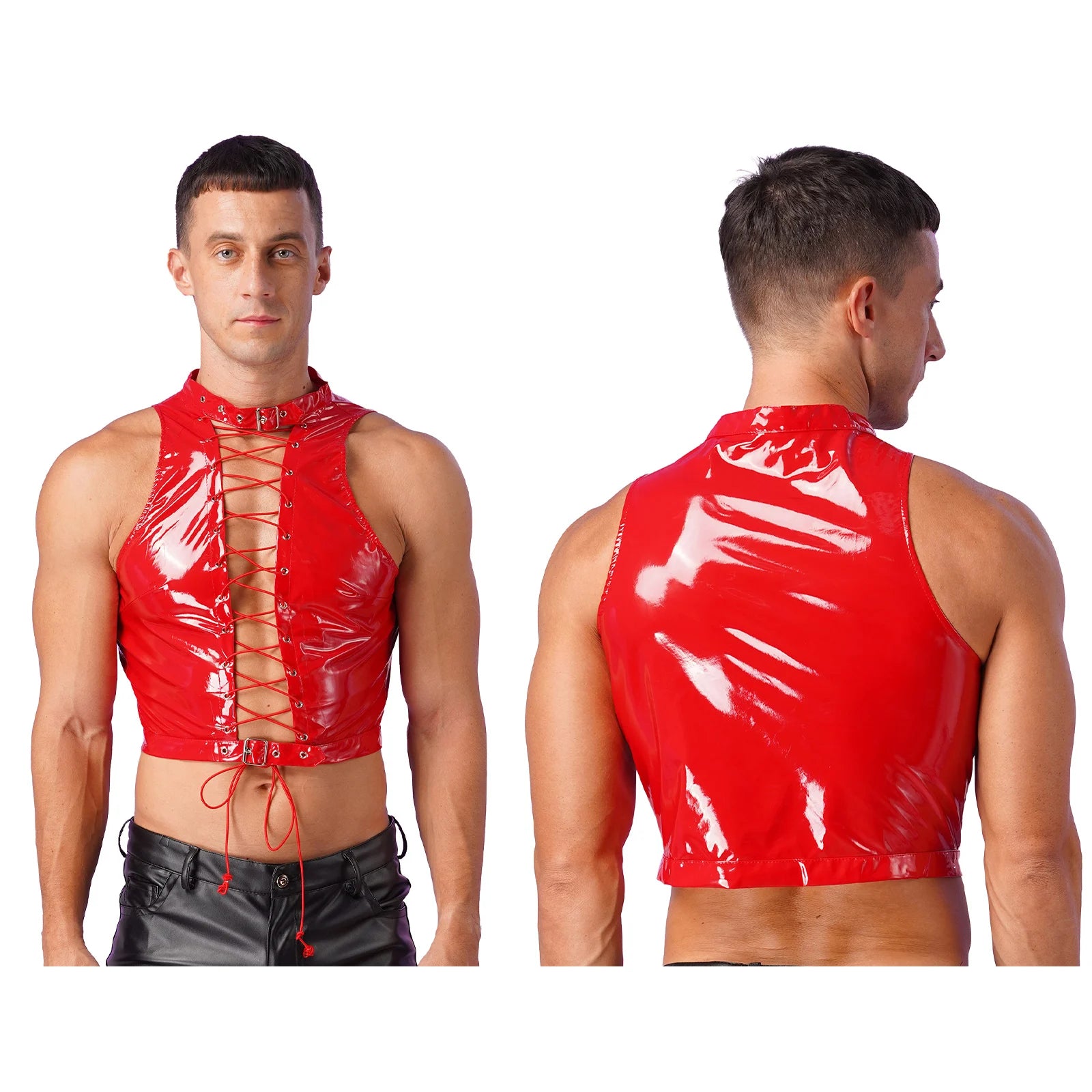Mens Sleeveless Crop Top for Men Gothic Punk Clubwear Wet Look Patent Leather Vest Tops Hollow Out Eyelet Lace-Up Sleeveless Top