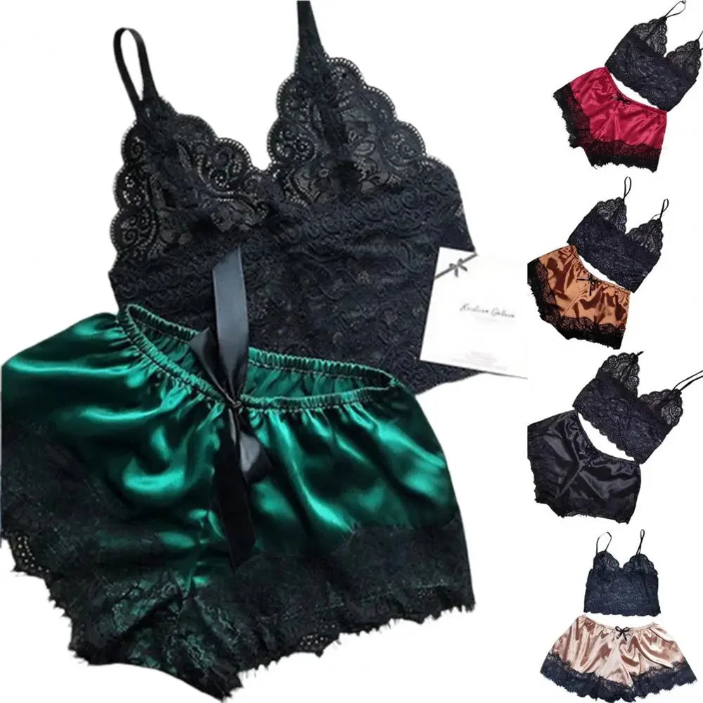 Women Pajamas Set Sexy Satin Lace Sleepwear Lingerie Ladies Elastic Suspender Shorts Nightwear Suits Sleeveless Underwear Tops